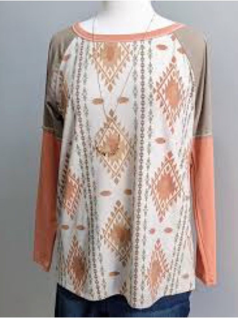 BiBi Aztec Raglan Long Sleeve Top in Coral and Taupe
